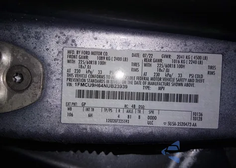 2022 Ford Escape Sel из США, поврежденный, VIN 1FMCU9H64NUB23939